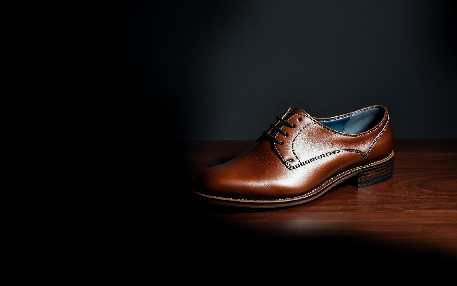 Premium brown leather derby shoe on walnut wood